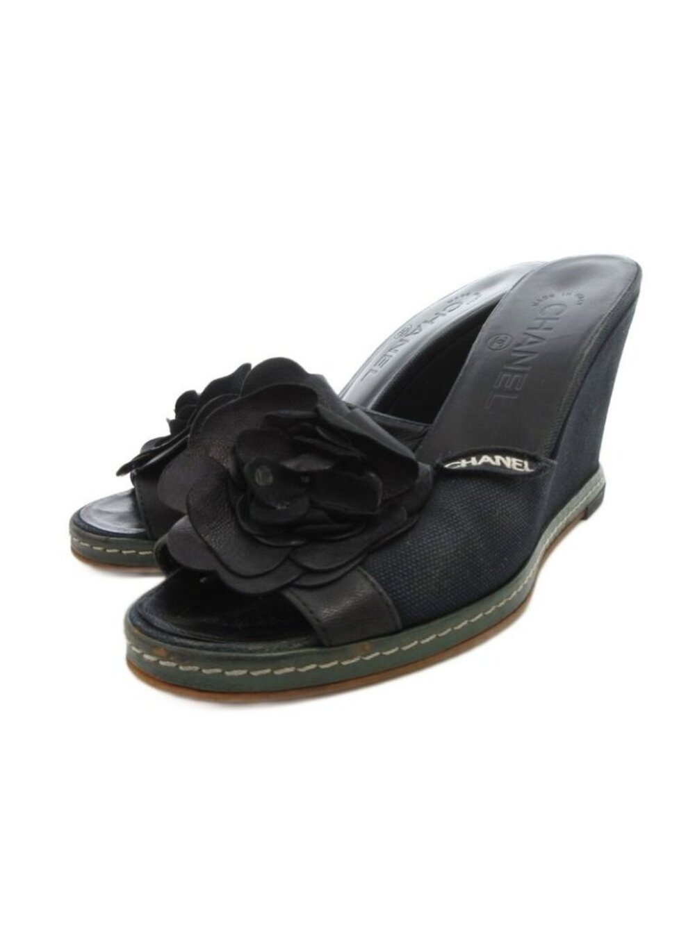 Chanel Camellia Sandals Leather 36.5 Black Wedge Sole Open Toe - Picture 1 of 9